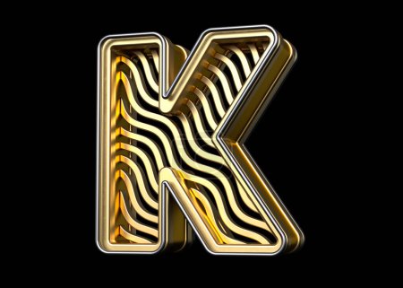 Foto de Letra K del alfabeto dorado con un patrón de onda. Letras metálicas realistas y de alta resolución ideales para encabezados, carteles, anuncios o proyectos web. Renderizado 3D. - Imagen libre de derechos