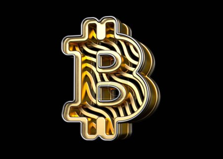Foto de Logotipo de Bitcoin Btc en oro con un patrón hecho de líneas de onda. Hi-res y realista renderizado ideal para encabezados, carteles, anuncios o proyectos web. Renderizado 3D. - Imagen libre de derechos