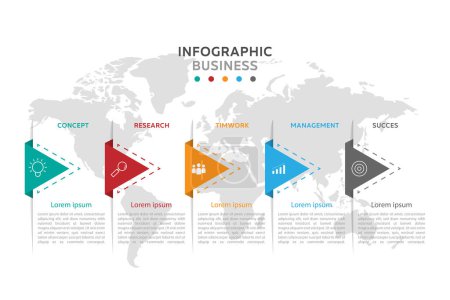 Téléchargez les illustrations : Élément de design moderne vectoriel pour entreprise multicolore infographie en 5 étapes - en licence libre de droit
