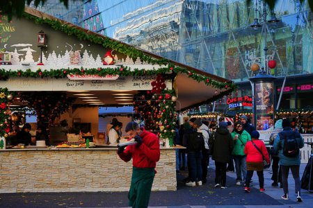 Photo for Budapest, Hungary - November 18, 2023: Christmas market pavilions at Vorosmarty square. - Royalty Free Image