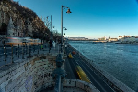 Photo for Budapest, Hungary - January 20, 2024: Panoramic view to the Danube river and Margaret bridge. - Royalty Free Image