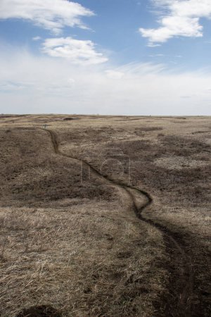 Ein Bild, das einen Feldweg zeigt, der durch eine trockene Landschaft mit Gras und Sträuchern führt. Der Himmel darüber ist mit einigen Wolken zu sehen.