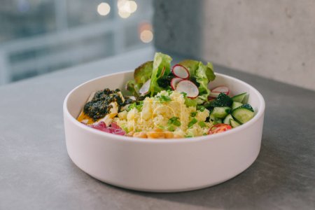 Photo for Poke bowl with vegetables and cheese. - Royalty Free Image