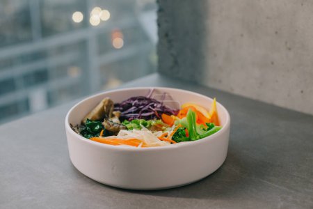 Photo for Poke bowl with vegetables, rice and mushrooms. - Royalty Free Image