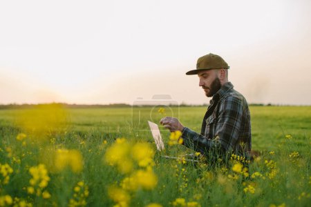 Photo for Farmer holding laptop,tablet in rapeseed field, to use a fertilization log program. Plant growth, production and contact online customer. - Royalty Free Image
