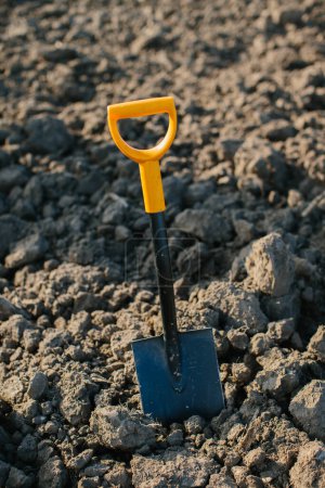 Photo for A shovel on the background of a plowed field. Treasure hunting and archeology concept. - Royalty Free Image