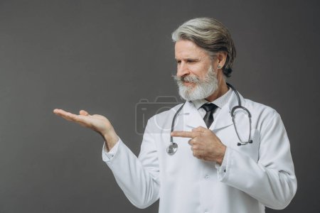 Photo for A gray-haired male doctor in a white medical coat isolated on gray background holding copyspace imaginary on the palm to insert an ad - Royalty Free Image