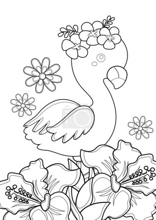 Téléchargez les illustrations : Coloriages mignons de dessin animé d'oiseau de flamant rose Activité pour des enfants et des adultes - en licence libre de droit