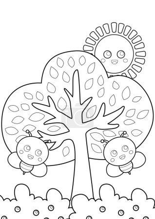 Árbol de jardín en un día soleado con mariposa Animal Dibujos animados para colorear Actividad para niños y adultos