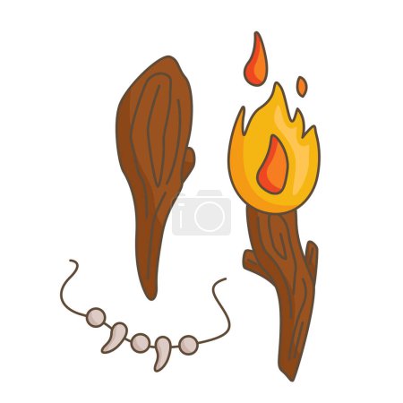 Téléchargez les illustrations : Bonfire outils anciens bois époque préhistorique bande dessinée Illustration vectorielle Clipart autocollant - en licence libre de droit
