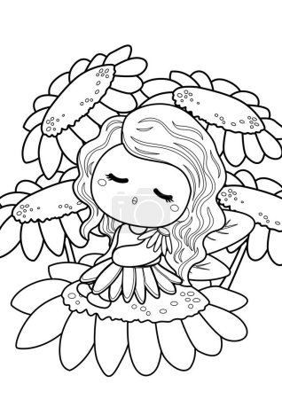 Illustration for Cute Girl Kids Garden Fairies and Flowers Cartoon Coloring Activity for Kids and Adult - Royalty Free Image