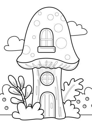 Téléchargez les photos : Mignon drôle jardin champignon maison imagination dessin animé coloriage activité pour enfants et adultes - en image libre de droit