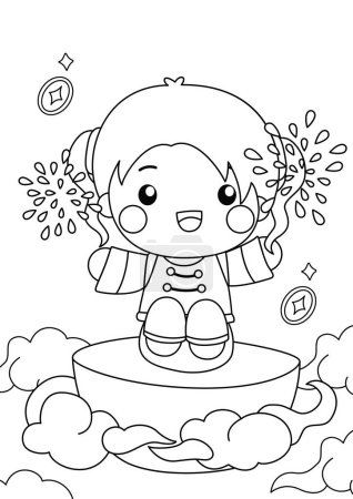 Téléchargez les photos : Enfants mignons heureux Nouvel An chinois Célébration CNY activité de coloriage de bande dessinée pour enfants et adultes - en image libre de droit