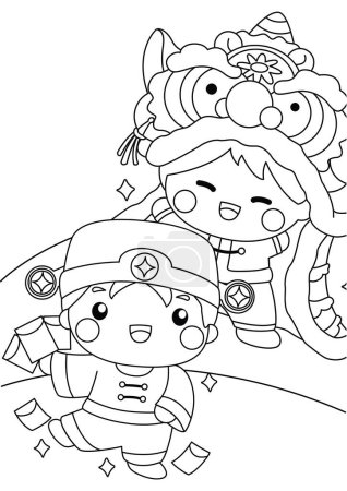 Téléchargez les photos : Enfants mignons heureux Nouvel An chinois Célébration CNY activité de coloriage de bande dessinée pour enfants et adultes - en image libre de droit