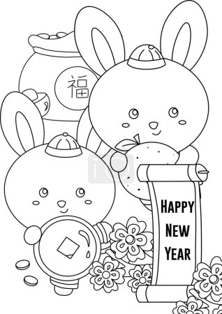 Téléchargez les photos : Mignon lapin chinois Nouvel An Symbole Logo Accessoires Décoration Ornements Cartoon Coloriages pour enfants et adultes - en image libre de droit