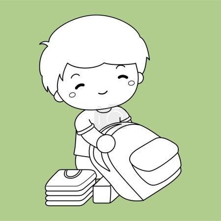 Cute Kids Packing for Trip Vacation Holliday Activity Cartoon Digital Stamp Outline 