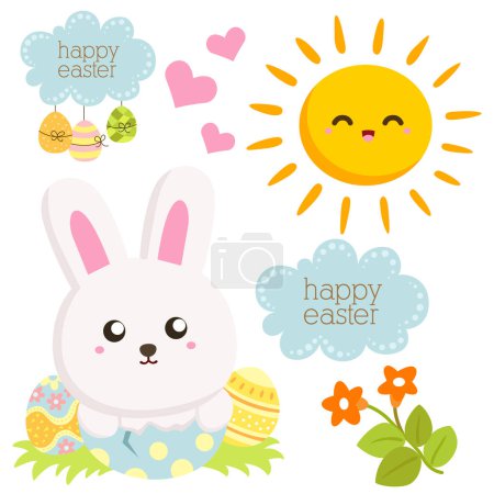 Téléchargez les photos : Symbole de lapin mignon Joyeux oeuf de Pâques vacances dessin animé illustration vectoriel Clipart autocollant décoration - en image libre de droit