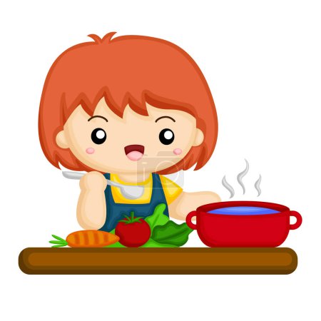 Kids Doing Healthy Lifestyle Cooking Activity Cartoon Illustration Vector Clipart Sticker Background