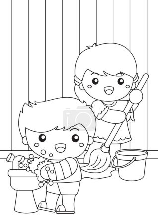 Kids Doing Healthy Lifestyle Housework Activity Cartoon Coloring Set Pages for Kids and Adult