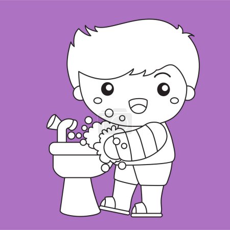 Illustration for Kids Doing Healthy Lifestyle Washing Hand Hygiene Activity Cartoon Digital Stamp Outline - Royalty Free Image