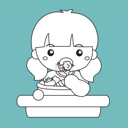 Kids Doing Healthy Lifestyle Eating Activity Cartoon Digital Stamp Outline