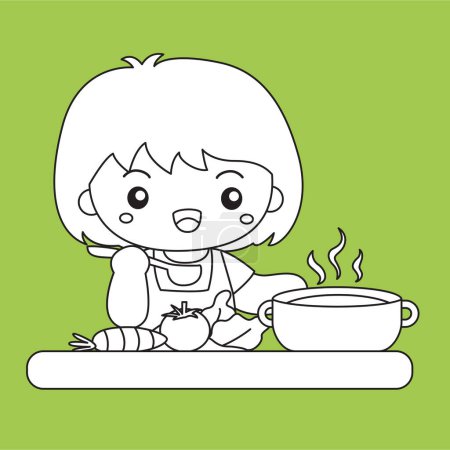 Kids Doing Healthy Lifestyle Cooking Activity Cartoon Digital Stamp Outline