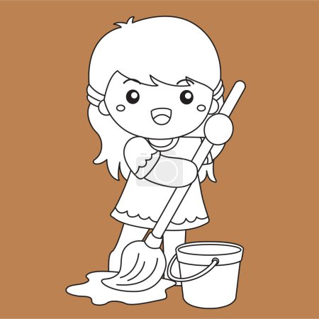 Kids Doing Healthy Lifestyle Housework Activity Cartoon Digital Stamp Outline