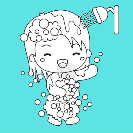 Kids Doing Healthy Lifestyle Bathing Activity Cartoon Digital Stamp Outline