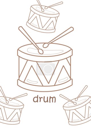 Alfabeto D para la escuela de vocabulario de tambor Lección de dibujos animados Páginas para colorear Actividad para niños y adultos