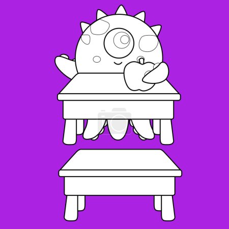 Téléchargez les photos : Mignon et drôle Monster School Doodle Art bande dessinée numérique Timbre contour noir et blanc - en image libre de droit