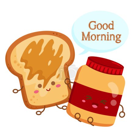 Téléchargez les photos : Pain grillé et confiture coloré mignon matin petit déjeuner nourriture dessin animé illustration vectoriel Clipart autocollant décoration de fond - en image libre de droit