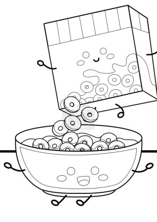 Cereal in Bowl and Milk Box Cute Morning Breakfast Drink and Snack Food Cartoon Coloring Activity for Kids and Adult