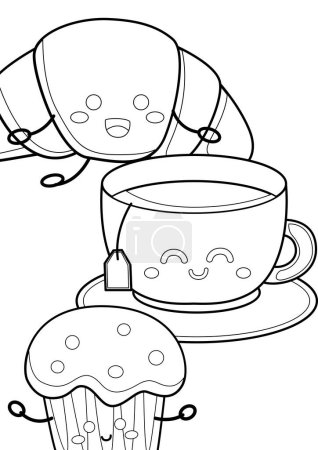 Thé chaud Croissant muffin gâteau mignon matin petit déjeuner boisson dessin animé Coloriage activité pour enfants et adultes