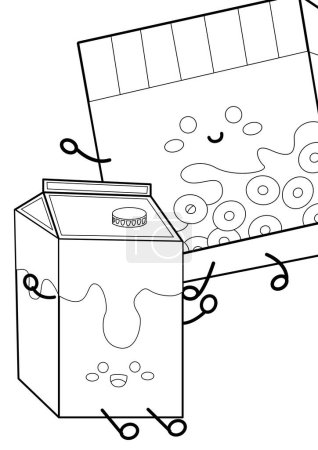 Téléchargez les photos : Boîte à céréales et boîte à lait Mignon matin petit déjeuner boisson dessin animé Coloriage activité pour enfants et adultes - en image libre de droit