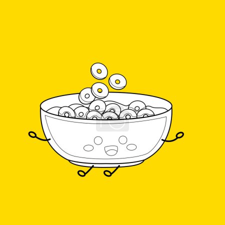 Téléchargez les photos : Céréales dans le bol Matin mignon petit déjeuner Snack Food bande dessinée numérique Timbre contour noir et blanc - en image libre de droit