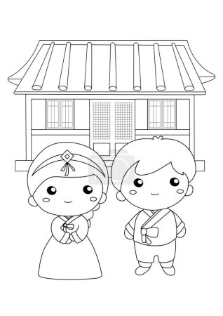 Niedliche Kinder Mädchen Junge Paar trägt traditionelle Hanbok Korean Fashion Cartoon Coloring Aktivität für Kinder und Erwachsene