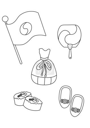 Ilustración de Tradicional coreano objeto bandera Gimbap zapatos bolsa bolso clásico dibujos animados para colorear actividad para niños y adultos - Imagen libre de derechos