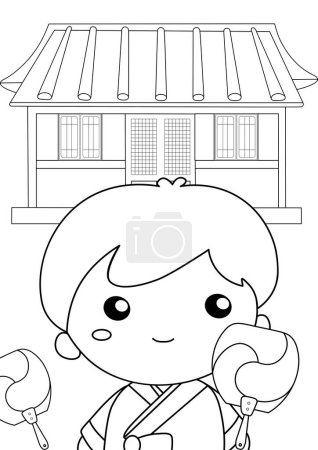 Illustration for Cute Kids Boy Wearing Traditional Hanbok Korean Fashion Cartoon Coloring Activity for Kids and Adult - Royalty Free Image