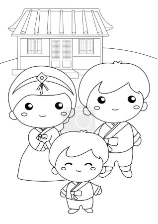 Cute Kids Boy Girl Couple Family Wearing Traditional Hanbok Korean Fashion Cartoon Coloring Activity for Kids and Adult