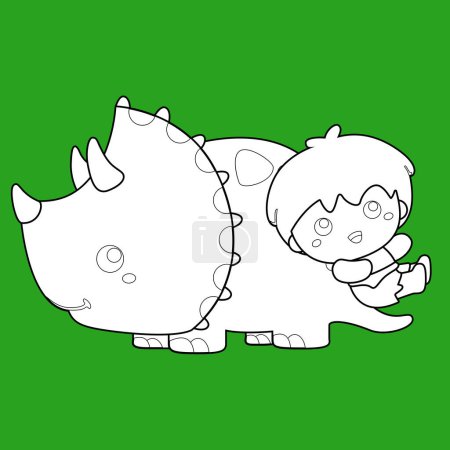 Ilustración de Dinosaurio animal lindo y divertido y niño Dibujos animados Esquema de sello digital Blanco y Negro - Imagen libre de derechos