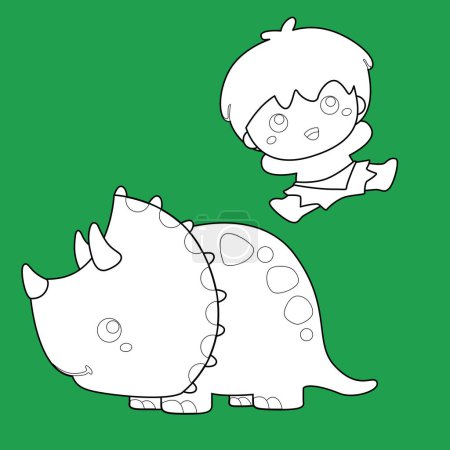 Ilustración de Dinosaurio animal lindo y divertido y niño Dibujos animados Esquema de sello digital Blanco y Negro - Imagen libre de derechos
