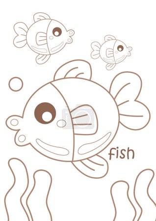 Alphabet F für Fische Vokabelschule Lektion Cartoon Coloring Aktivität für Kinder und Erwachsene