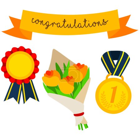 Félicitations Graduations Accessoires Ornement Objet Médaille Bouquet de fleurs Dessin animé Illustration Vecteur Clipart Autocollant Décoration Arrière-plan