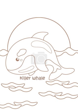 Alfabeto K para la actividad para colorear de dibujos animados de la lección de vocabulario de ballena asesina para niños y adultos