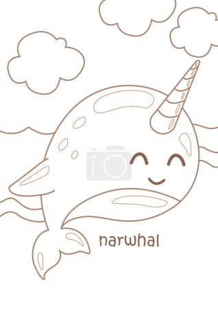 Alfabeto N para la actividad para colorear de dibujos animados de la lección de vocabulario de narval para niños y adultos