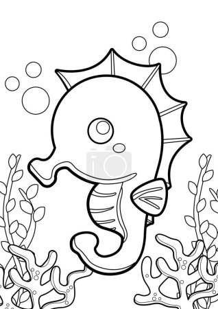 Seahorse Underwater Animal Fish Cartoon Coloring Activity for Kids and Adult