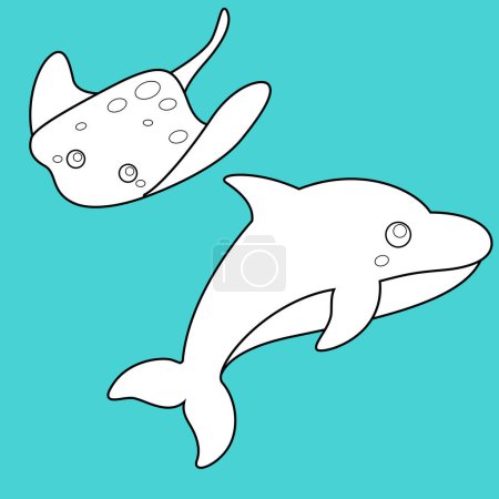 Delfín Submarino Animal Fish Dibujos Animados Sello Digital Esquema