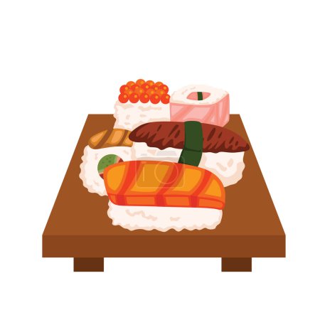 Lindo Sushi comida japonesa de dibujos animados ilustración Vector Clipart etiqueta engomada decoración fondo