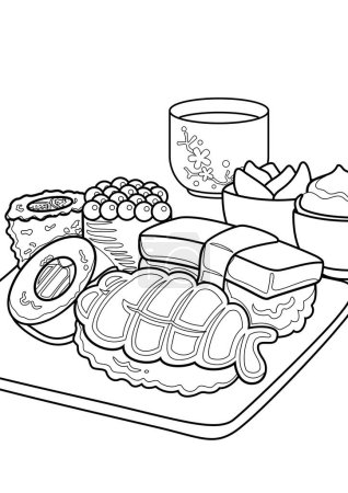 Cute Sushi Japanese Food Cartoon Coloring Activity for Kids and Adult