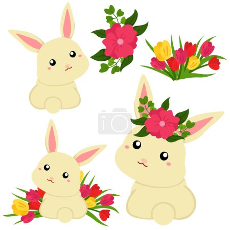 Conejo lindo y divertido Animal y flores Dibujos animados Ilustración Vector Clipart Etiqueta engomada decoración fondo